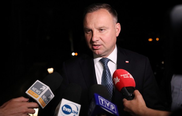 epa08505259 Polish President Andrzej Duda talks to journalists in front of the residence of the Polish ambassador in Washington, DC, USA, 23 June 2020. The White House will host Duda in the coming day ...