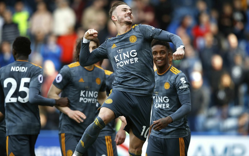 Leicester City&#039;s James Maddison celebrates scoring against Huddersfield Town during the English Premier League soccer match at the John Smith&#039;s Stadium, Huddersfield, England, Saturday April ...