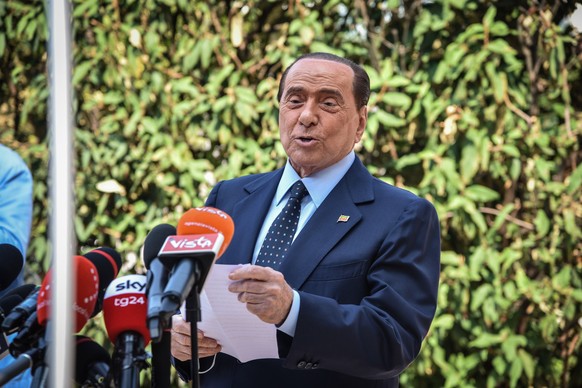 epa08667970 Former Italian prime minister Silvio Berlusconi speaks to the media as he leaves San Raffaele hospital in Milan, Italy, 14 September 2020. Silvio Berlusconi said suffering from COVID-19 wa ...