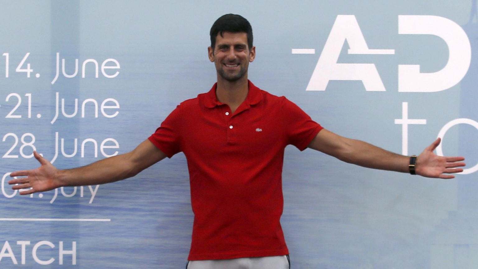 Serbian tennis player Novak Djokovic poses after the press conference in Belgrade, Serbia, Monday, May 25, 2020. Djokovic is planning to set up a series of tennis tournaments in the Balkan region whil ...