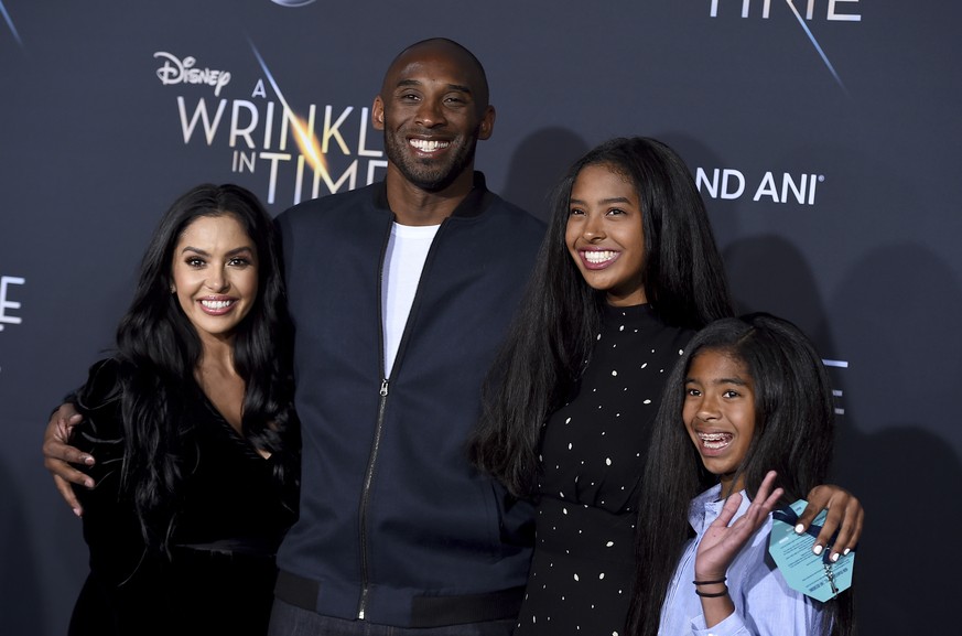 FILE - This Feb. 26, 2018 file photo shows Vanessa Bryant, from left, Kobe Bryant, Natalia Bryant and Gianna Maria-Onore Bryant at the world premiere of &quot;A Wrinkle in Time&quot; in Los Angeles. B ...