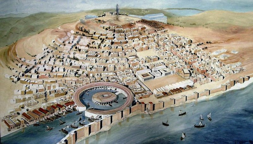 So mag Karthago etwa ausgesehen haben. Vermutlich war es die Stadt mit dem weltgrössten Hafen des 3. Jahrhunderts. Ein Doppelhafen; geteilt in einen Handels- und einen militärischen Bereich.&nbsp;