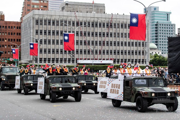 epa08734514 A handout photo made available by Taiwan&#039;s Military News Agency shows the National Day rally in Taipei, Taiwan, 10 October 2020. Taiwan National Day commemorates the start of the Wuch ...