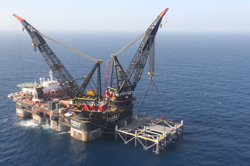 epa08716985 (FILE) - An aerial view of SSCV Thialf, the largest crane vessel in the world, at the Leviathan gas platform of Noble Energy at the Mediterranean Sea, some 10 km from the Israeli coast, 31 ...
