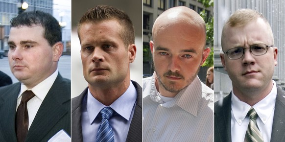 FILE - This combination made from file photo shows Blackwater guards, from left, Dustin Heard, Evan Liberty, Nicholas Slatten and Paul Slough. On Tuesday, Dec. 22, 2020, President Donald Trump pardone ...