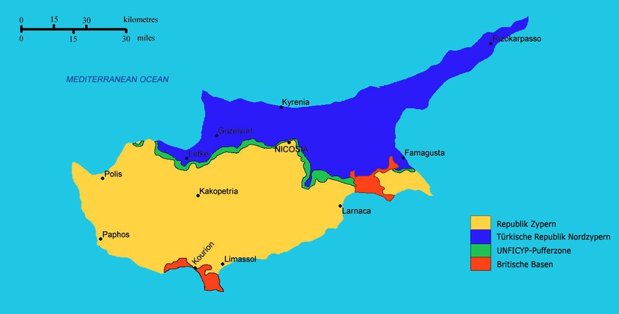 Karte Zypernkonflikt, Republik Zypern, Republik Nordzypern
