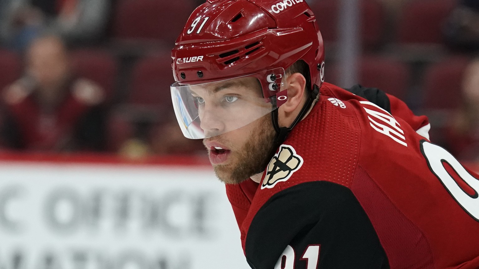 FILE - In this Feb. 17, 2020, file photo, then-Arizona Coyotes left wing Taylor Hall (91) is shown during the first period of an NHL hockey game against the New York Islanders, in Glendale, Ariz. Buff ...