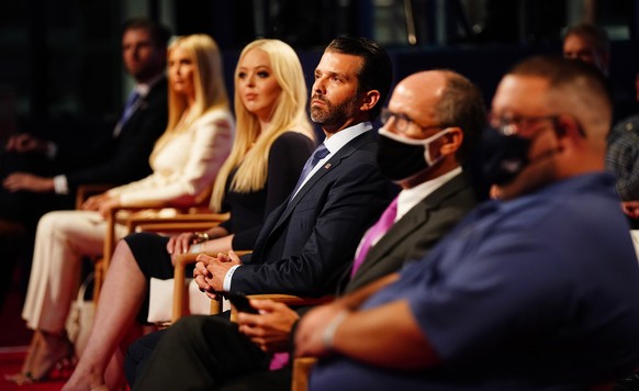 epa08707093 Members of the Trump family (L-R) Eric Trump, Ivanka Trump, Tiffany Trump and Donald Trump Jr. in the audience shortly before US President Donald J. Trump and Democratic presidential candi ...