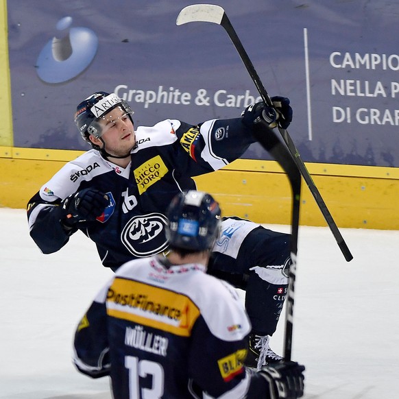Ambri&#039;s player Dominic Zwerger celebrate the 3 - 1 goal, during the preliminary round game of National League Swiss Championship 2018/19 between HC Ambri Piotta and HC Lugano, at the Valscia stad ...