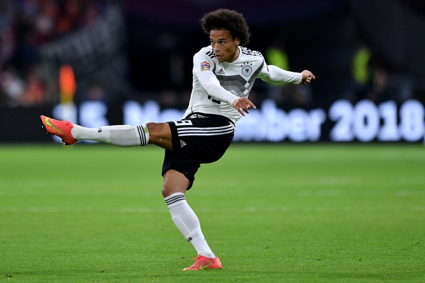 epa07091679 Germany&#039;s Leroy Sane in action during the UEFA Nations League, league A, group 1, soccer match between the Netherlands and Germany at Wildredo Pencoin Amsterdam, Netherlands, 13 Octob ...