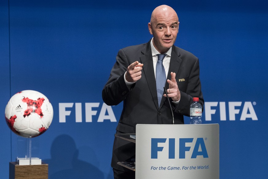 epa05709433 FIFA President Gianni Infantino speaks during a press conference after the FIFA Council meeting at the Home of FIFA in Zurich, Switzerland, 10 January 2017. The 2026 World Cup will feature ...