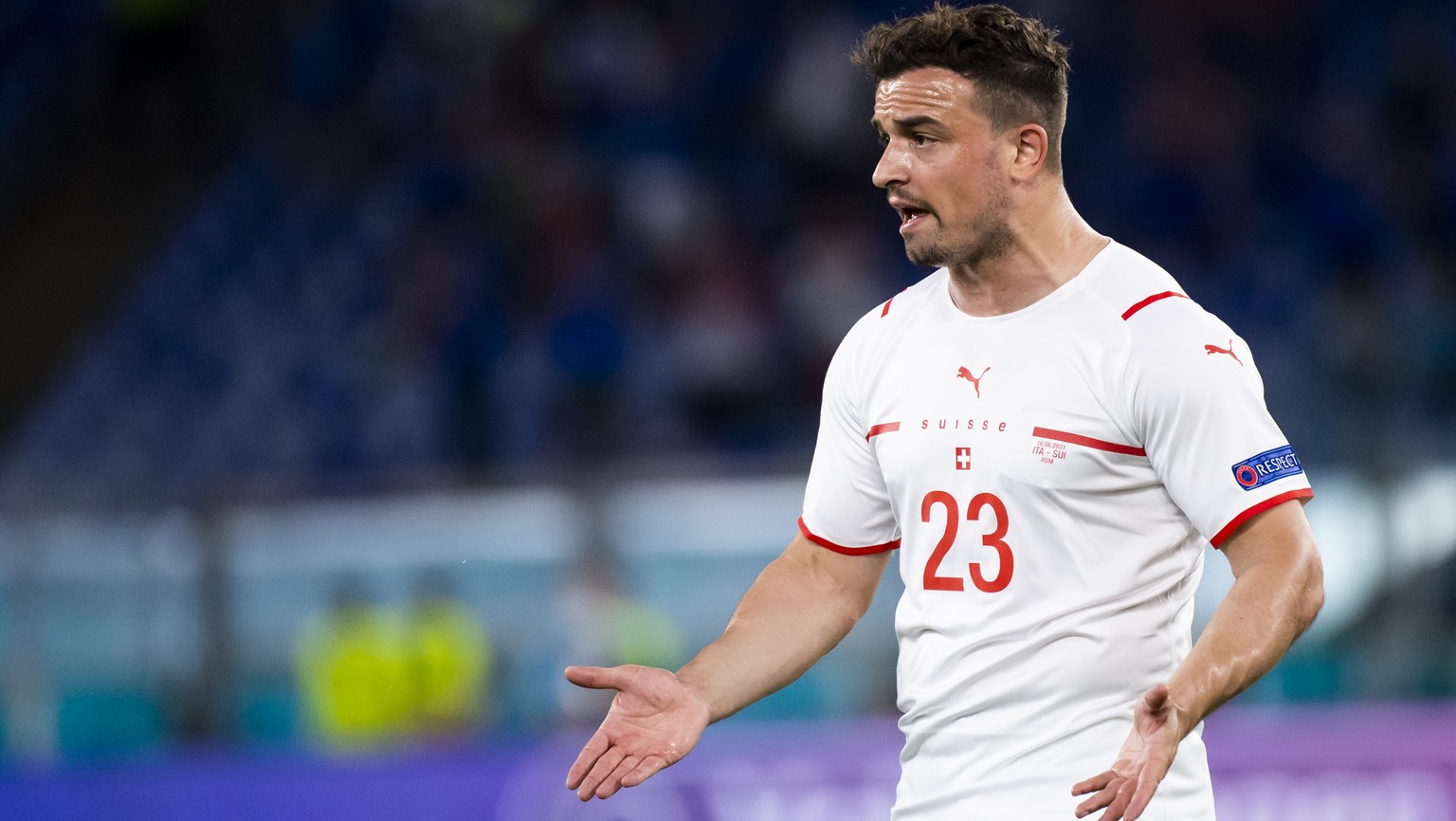 Switzerland&#039;s midfielder Xherdan Shaqiri reacts during the Euro 2020 soccer tournament group A match between Italy and Switzerland at the Olympic stadium, in Rome, Italy, Wednesday, June 16, 2021 ...