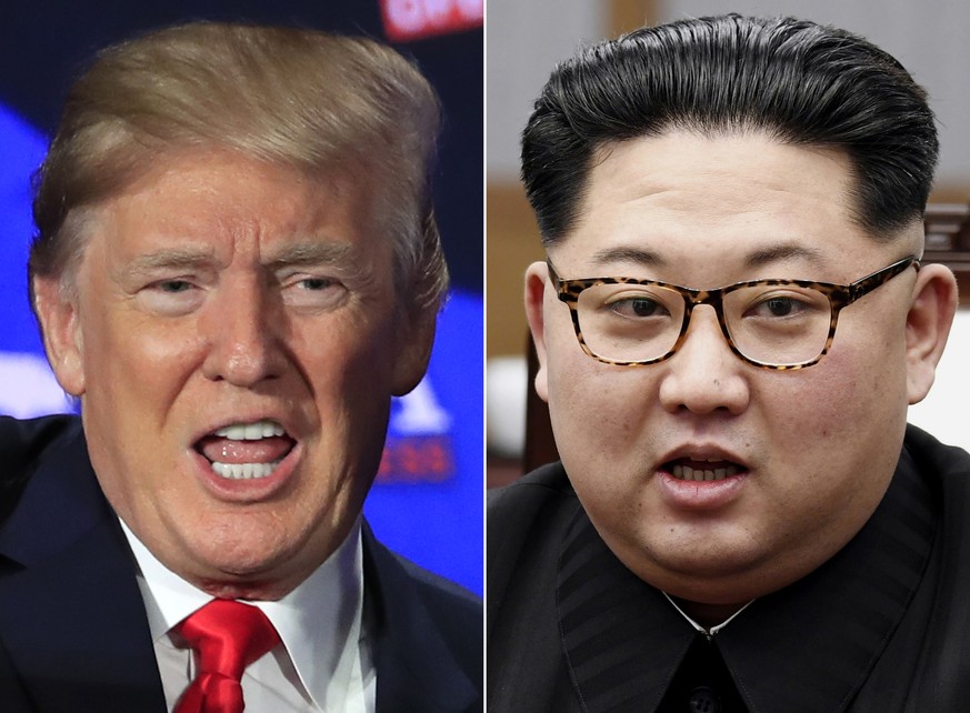 FILE - This combination of two file photos shows U.S. President Donald Trump, left, speaking during a roundtable discussion on tax cuts in Cleveland, Ohio, May 5, 2018 and North Korean leader Kim Jong ...