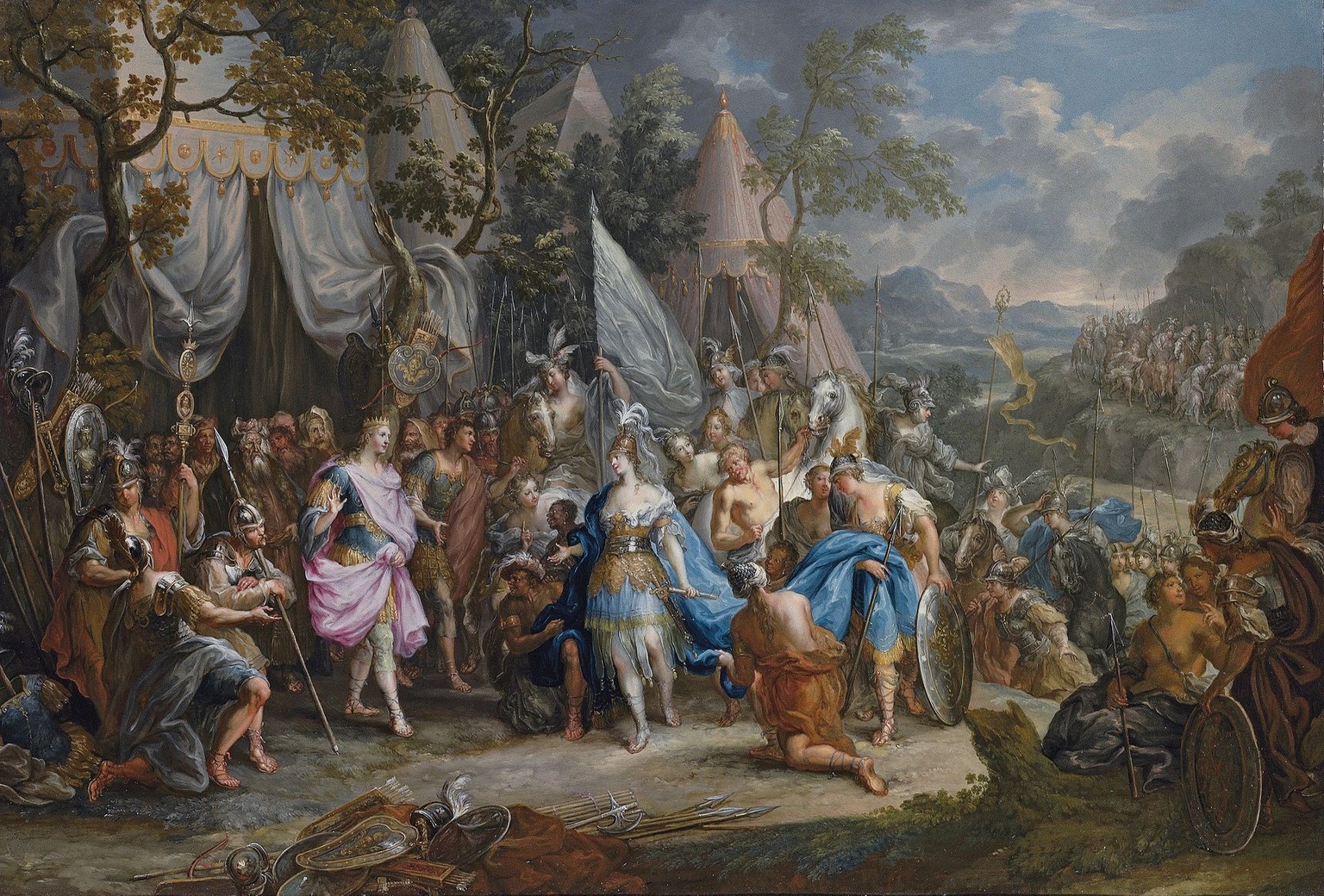 Die Amazonenkönigin Thalestris im Lager Alexander des Großen (Gemälde von Johann Georg Platzer, Südtirol um 1750)
bild: wikimedia