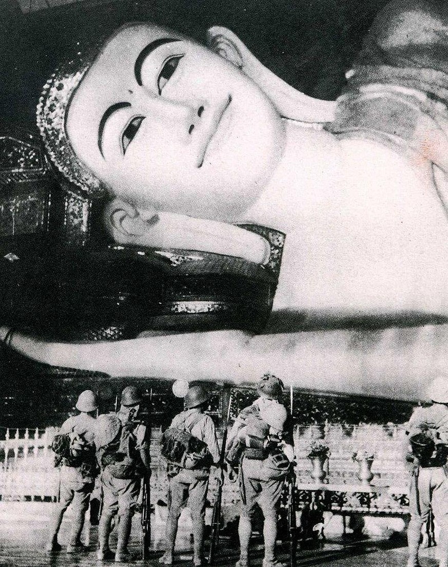 Burma: Japanische Truppen der 55. Division vor dem Shwethalyaung-Buddha bei Pegu, März 1942
Gemeinfrei, https://commons.wikimedia.org/w/index.php?curid=3694217
