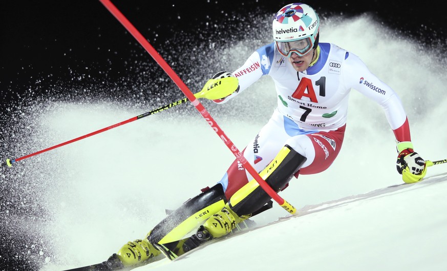Switzerland&#039;s Daniel Yule competes in an alpine ski, men&#039;s World Cup slalom in Schladming, Austria, Tuesday, Jan. 29, 2019. (AP Photo/Shinichiro Tanaka)
