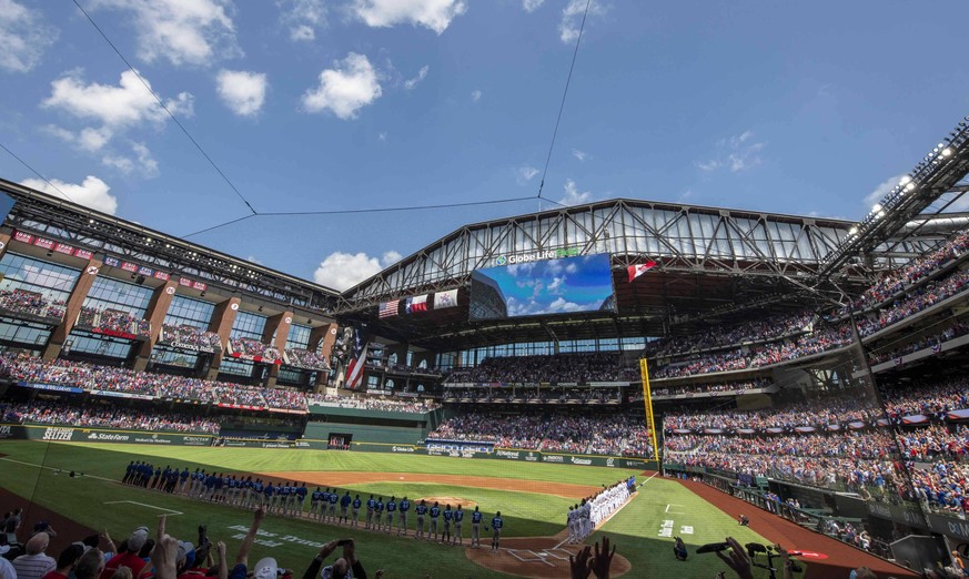 Apr 10, 2021: Two F-16 fighter jet flyover Globe Life Field before an Opening Day MLB, Baseball Herren, USA game between the Toronto Blue Jays and the Texas Rangers at Globe Life Field in Arlington, T ...