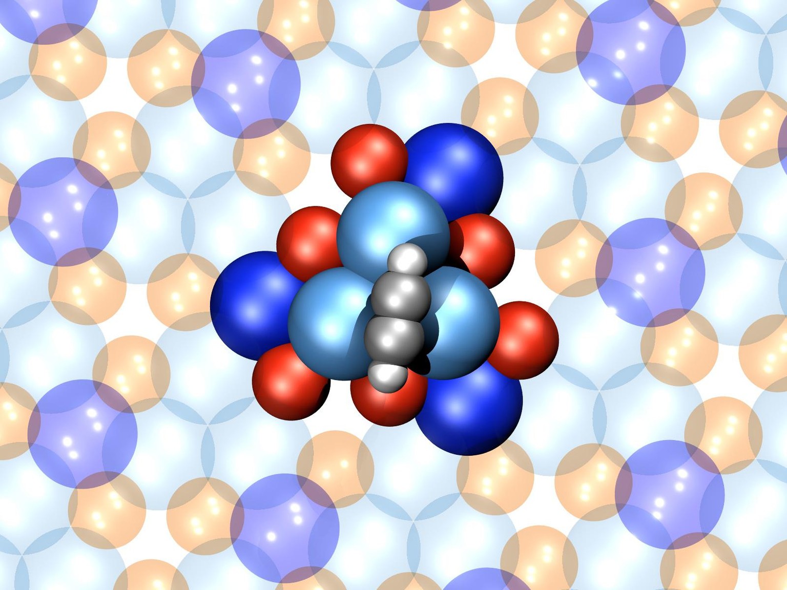 Ein Motor, der nur aus 16 Atomen besteht: Atomares Strukturmodel eine einzelnen 4-atomigen Acetylen-Rotors (grau-weisse Kugeln) auf der chiral (d.h. händischen) PdGa Oberfläche (blaue Kugel -&gt; Pall ...