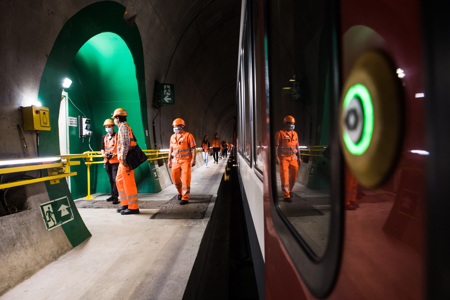 epa08640689 A safety exercise at a side tunnel during a test drive through the Ceneri Base Tunnel (CBT), near Bellinzona, Switzerland, 01 September 2020 (issued 02 September 2020). The Ceneri Base Tun ...