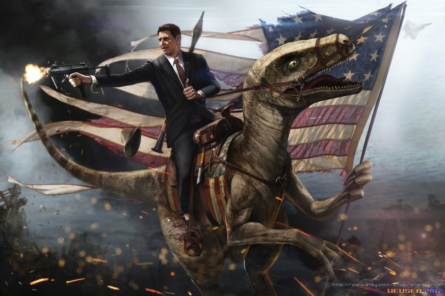 «Ronald Reagan Riding a Velociraptor (2012)» von John Heuser.