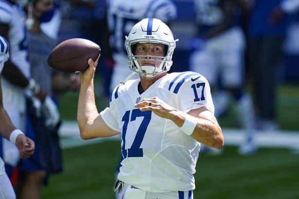Indianapolis Colts quarterback Philip Rivers (17) throws during practice at the NFL team&#039;s football training camp at Lucas Oil Stadium in Indianapolis, Monday, Aug. 24, 2020. (AP Photo/Michael Co ...