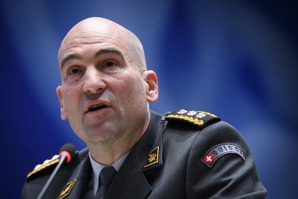 Swiss army chief Thomas Suessli briefs the media about the latest measures to fight the Covid-19 Coronavirus pandemic, in Bern, Switzerland, Monday, March 16, 2020.(KEYSTONE/Anthony Anex)
