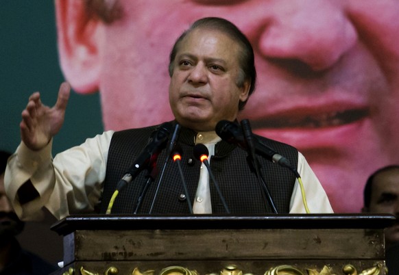FILE - In this Oct. 3, 2017, file photo, Pakistan&#039;s former Prime Minister Nawaz Sharif addresses his Pakistan Muslim League supporters during a party general council meeting in Islamabad, Pakista ...
