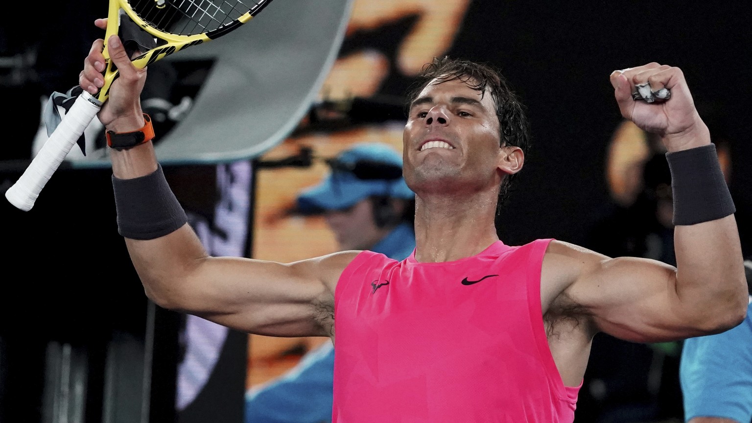 Spain&#039;s Rafael Nadal celebrates after defeating Australia&#039;s Nick Kyrgios in their fourth round singles match at the Australian Open tennis championship in Melbourne, Australia, Monday, Jan.  ...
