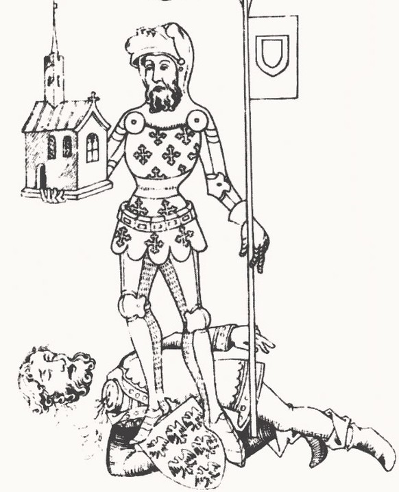Der Earl of Warwick über der enthaupteten Leiche Gavestons, Buchillustration aus dem 14. Jahrhundert.