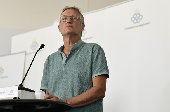 State Epidemiologist Anders Tegnell of the Public Health Agency of Sweden pauses, during a coronavirus news conference, in Stockholm, Sweden, Thursday, July 23, 2020. (Stina Stjernkvist/TT News Agency ...