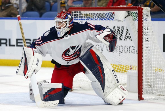 Columbus Blue Jackets goalie Sergei Bobrovsky looks on during the third period of an NHL hockey game against the Buffalo Sabres, Sunday, March 31, 2019, in Buffalo, N.Y. (AP Photo/Jeffrey T. Barnes)