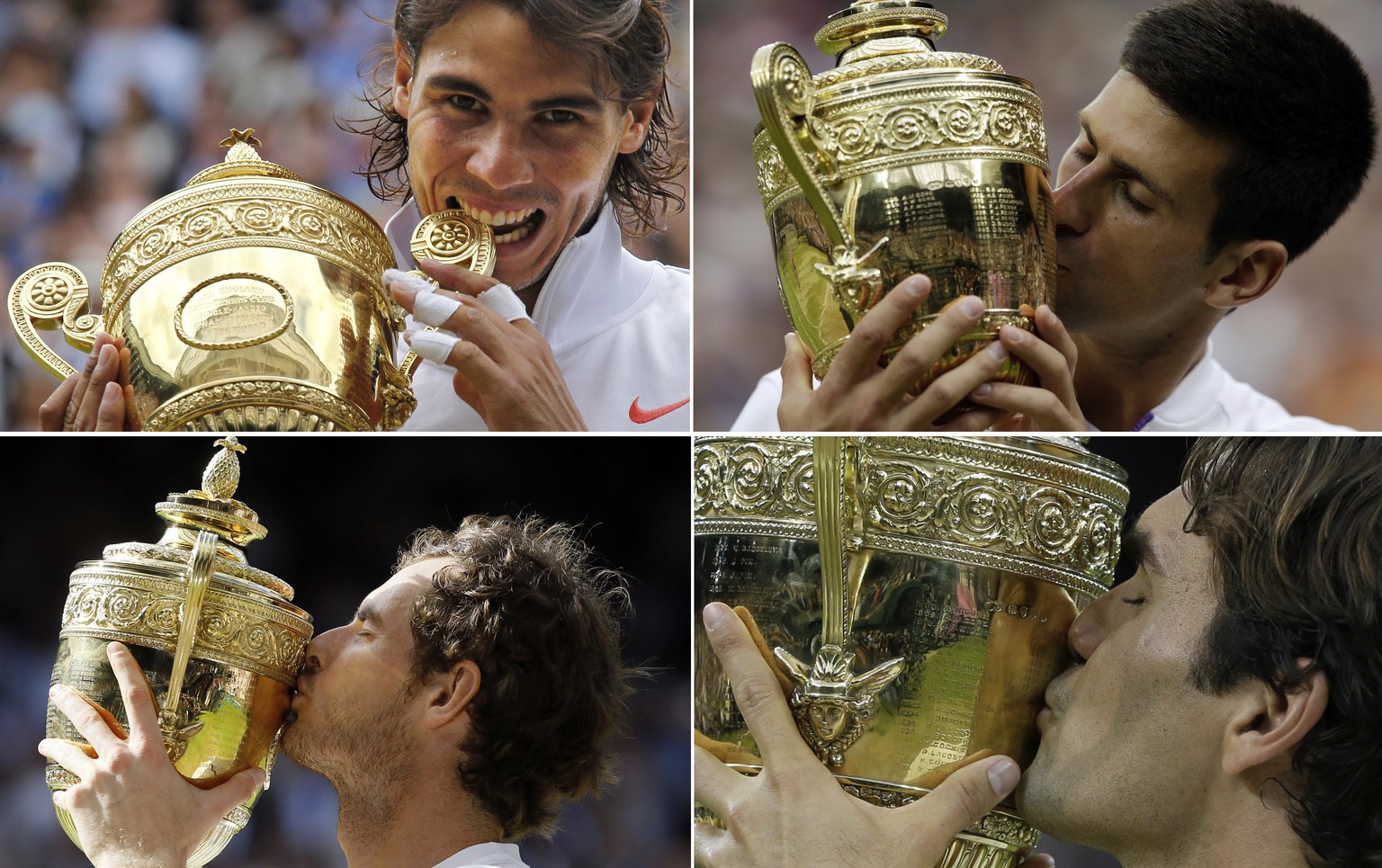 FILE - Clockwise from top left are file photos showing Rafael Nadal biting the Wimbledon men&#039;s singles trophy after defeating Tomas Berdych on July 4, 2010; Novak Djokovic kissing the Wimbledon m ...