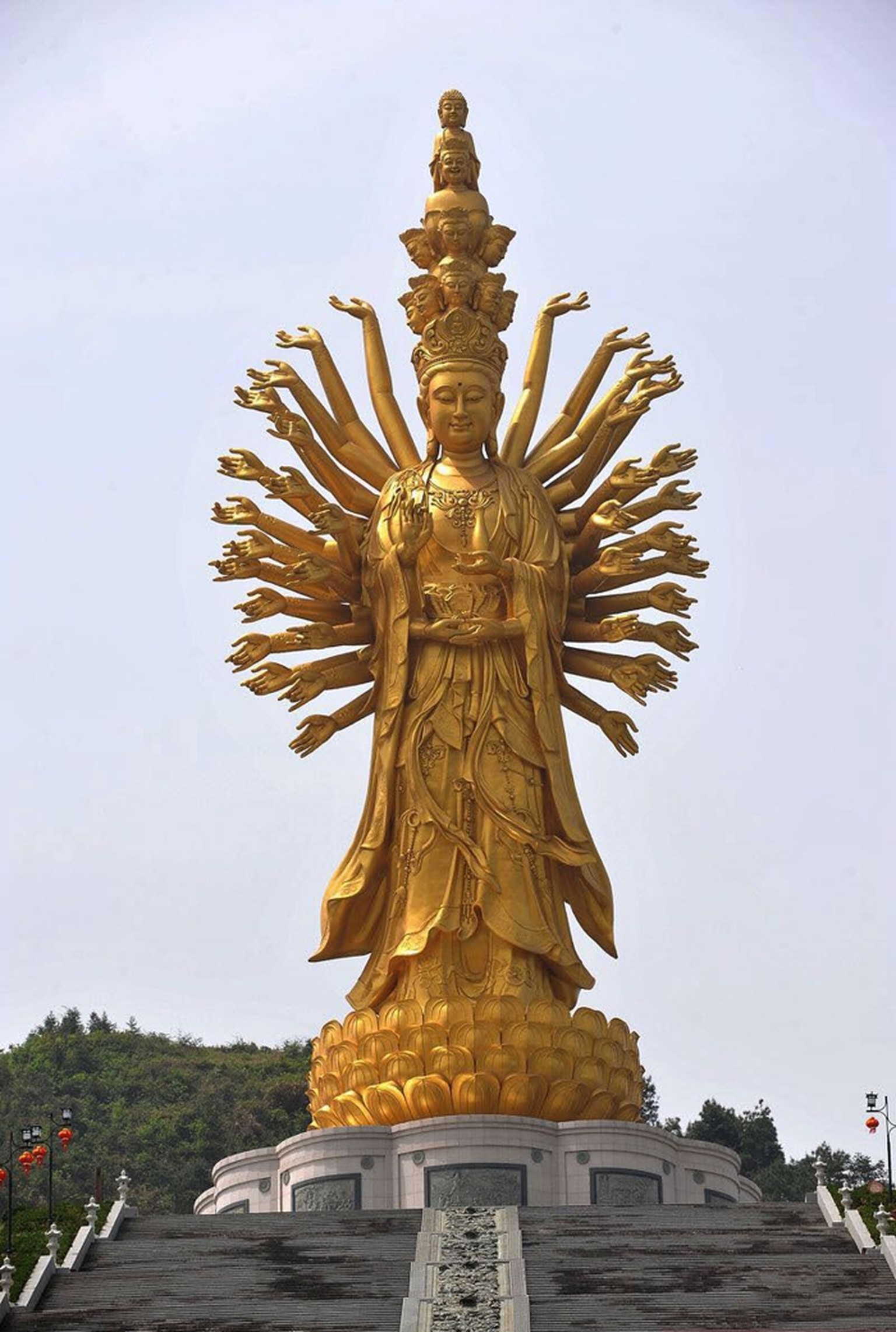 The Guishan Guanyin of the Thousand Hands and Eyes is the fourth-tallest statue in China, and the sixth-tallest in the world. This gilded bronze monument depicting Avalokitesvara stands 99 m (325 ft)  ...
