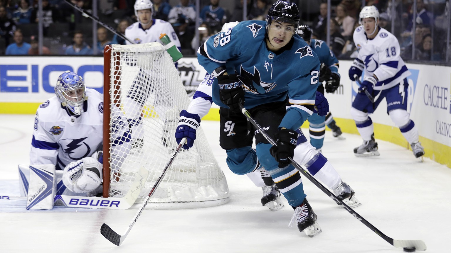 San Jose Sharks&#039; Timo Meier, front, controls the puck against the Tampa Bay Lightning during the second period of an NHL hockey game Wednesday, Nov. 8, 2017, in San Jose, Calif. (AP Photo/Marcio  ...