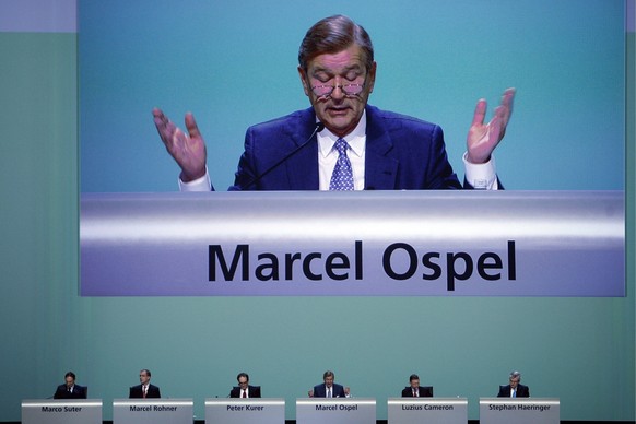 UBS Chairman of the Board Marcel Ospel speaks during the Swiss bank&#039;s extraordinary general assembly in the St. Jakobshalle, Basel, Wednesday, February 27, 2008. The assembly is held because the  ...