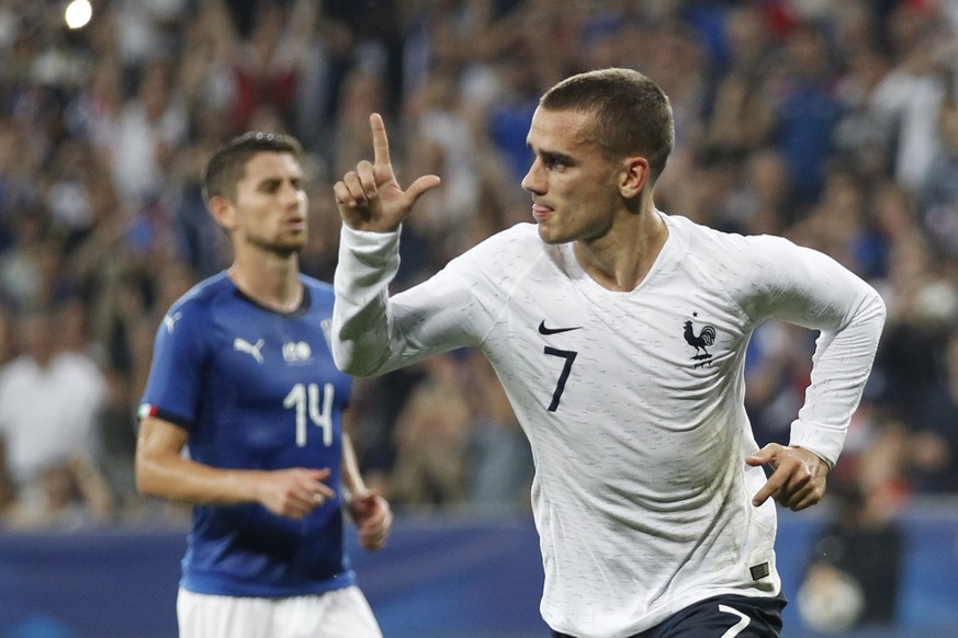 France&#039;s Antoine Griezmann celebrates scoring his side&#039;s 2nd goal during a friendly soccer match between France and Italy at the Allianz Riviera stadium in Nice, southern France, Friday, Jun ...