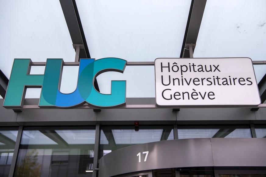 Le logo des Hopitaux Universitaires de Geneve (HUG) est photographie avant un point de presse sanitaire au vu de l&#039;aggravation alarmante de la situation de la pandemie COVID-19 a Geneve, ce mercr ...