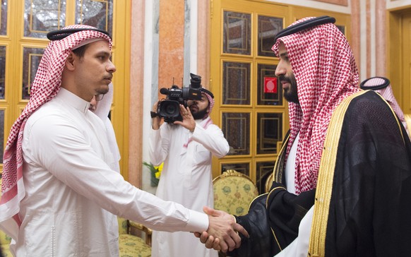 epaselect epa07113469 A handout photo made available by the Saudi Royal Palace shows Saudi Crown Prince Mohammed bin Salman (R) meeting with Salah bin Jamal Khashoggi (L), son of late Saudi journalist ...