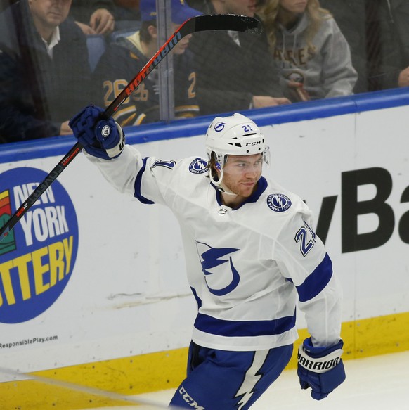 Tampa Bay Lightning forward Brayden Point (21) celebrates his goal during the first period of an NHL hockey game against the Buffalo Sabres, Saturday, Jan. 12, 2019, in Buffalo N.Y. (AP Photo/Jeffrey  ...