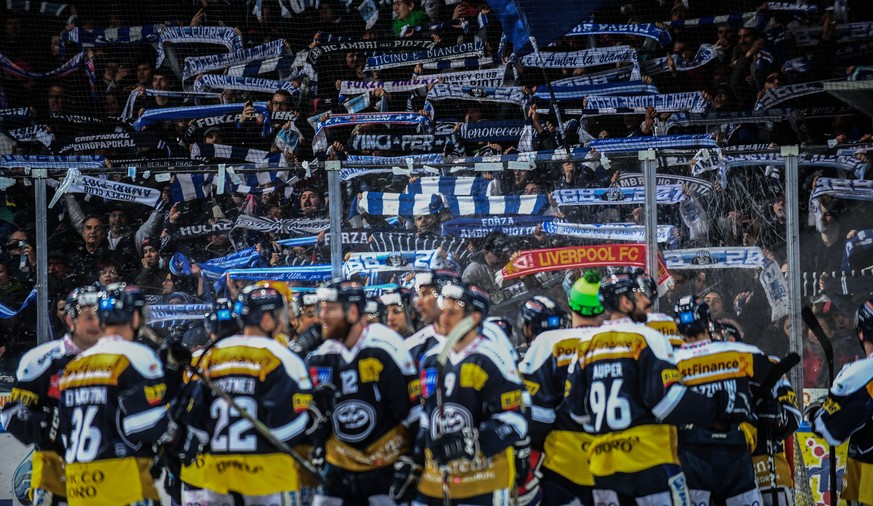 Ambri&#039;s fans celebrate the victory after the preliminary round game of National League Swiss Championship 2018/19 between HC Ambri Piotta and SC Lakers at the ice stadium Valascia in Ambri, Switz ...