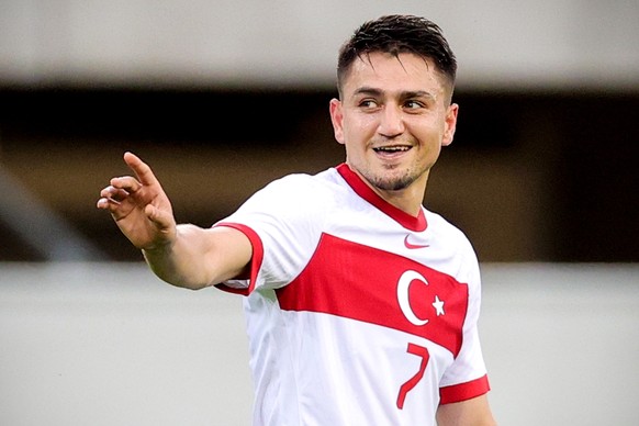 epa09246084 Turkey&#039;s Cengiz Under celebrates after scoring the 2-0 lead during the International Friendly soccer match between Turkey and Moldova in Paderborn, Germany, 03 June 2021. EPA/FRIEDEMA ...