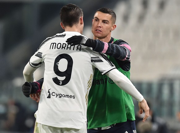epa09058023 Juventus&#039; Alvaro Morata (L) celebrates with teammate Cristiano Ronaldo (R) after scoring the 2-1 lead during the Italian Serie A soccer match between Juventus FC and SS Lazio in Turin ...