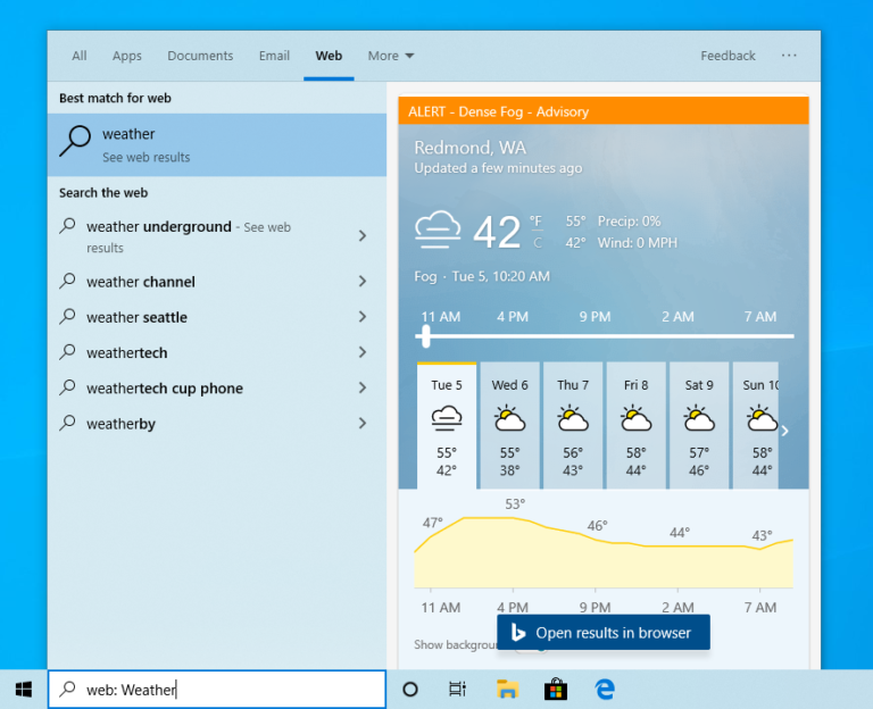 Tippt man z.B. «Wetter» ins Suchfeld ein, zeigt die Windows-Suche direkt die Wetterprognose.