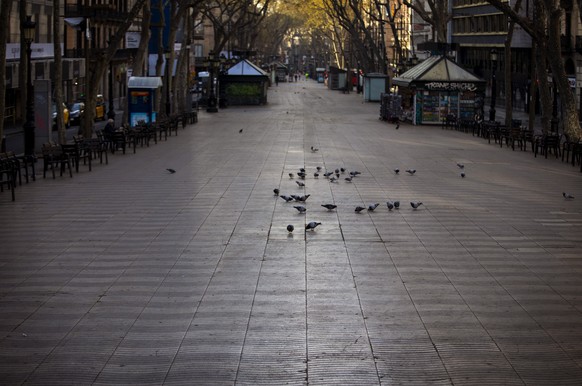 La Ramblas is seen empty in Barcelona, Spain, Sunday, March 15, 2020. Spain&#039;s government announced Saturday that it is placing tight restrictions on movements and closing restaurants and other es ...