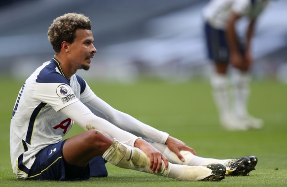 Tottenham&#039;s Dele Alli reacts during the English Premier League soccer match between Tottenham Hotspur and Everton at the Tottenham Hotspur Stadium in London, Sunday, Sept. 13, 2020. (Cath Ivill/P ...
