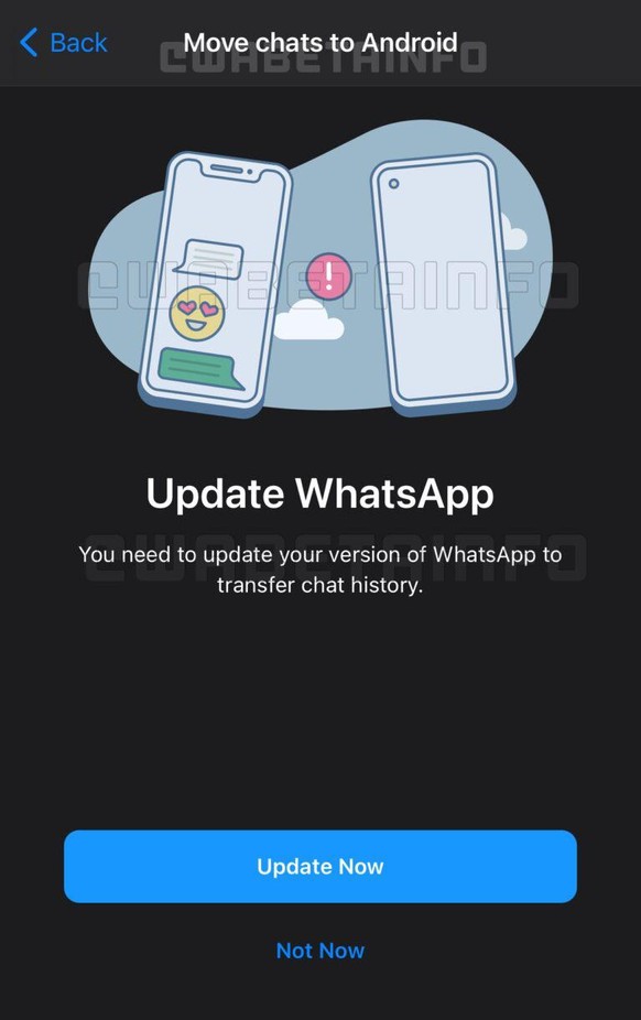 Screenshot der Beta-Version von WhatApp: Zu sehen ist offenbar die geplante Chat-Migration-Funktion.