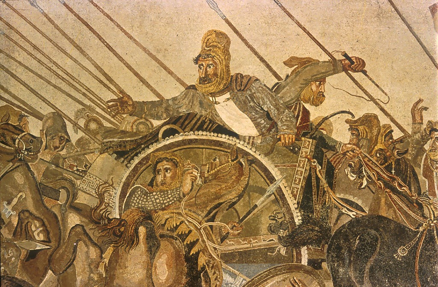 Der vom Schlachtfeld fliehende Dareios; Detail aus dem Alexanderschlacht-Mosaik.