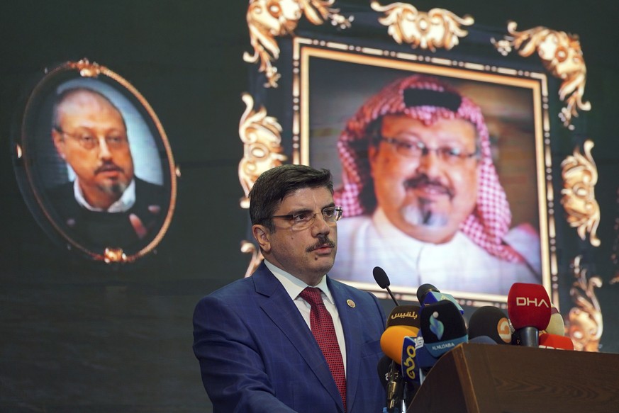 FILE - In this Sunday, Nov. 11, 2018 file photo, Yasin Aktay, an advisor to Turkey&#039;s President Recep Tayyip Erdogan, speaks during an event organized to mark the 40th day of the death of Saudi wr ...