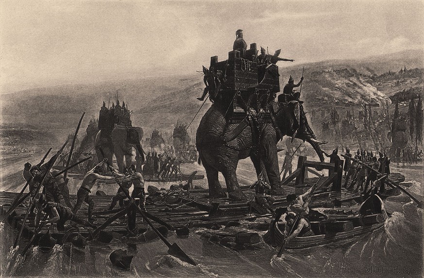 Hannibals Kriegselefanten überqueren die Rhone: Gemälde von Henri Motte, 1878.