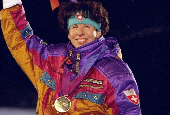 19 Feb 1994: Vreni Schneider of Switzerland celebrates during the women&#039;&#039;s downhill at the Olympic Games in Lillehammer, Norway. Schneider won second place. Mandatory Credit: Chris Cole /All ...
